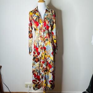 Zara Gold and Green Satin Floral Maxi Shirt Dress